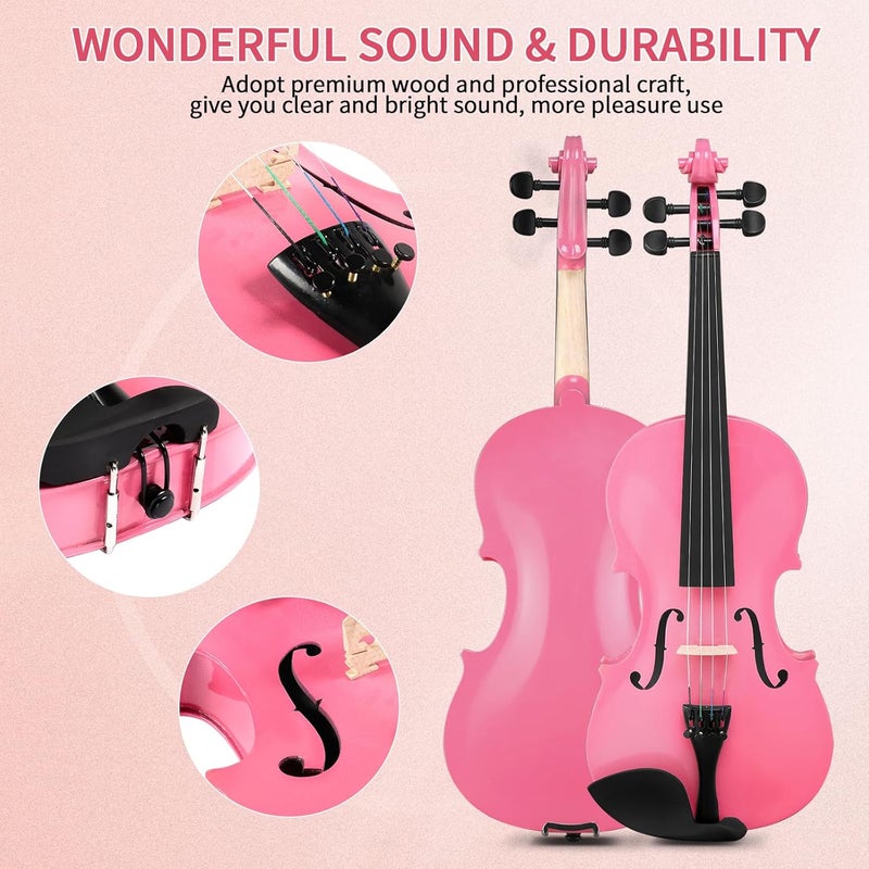 Kcelarec Acoustic Violin, Solid Wood Fiddle with Bow Case Rosin, Stringed Musical Instrument Violin for Beginner (1/8, Pink) - Image 2